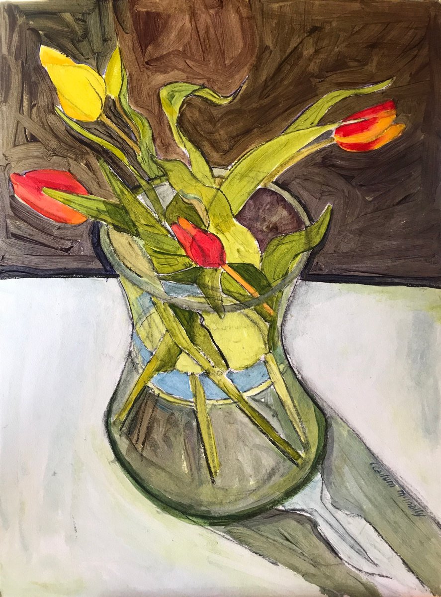 Expressive Botanical Acrylic Painting By Christine Callum Mcinally, 14 X 19, New Era Tulips No 1, Original Artwork