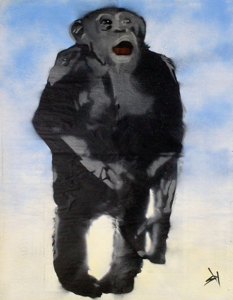 Urban And Pop Animal Painting By Juan Sly, 23 X 30", Laboratory Chimp...(Bc), Original Artwork