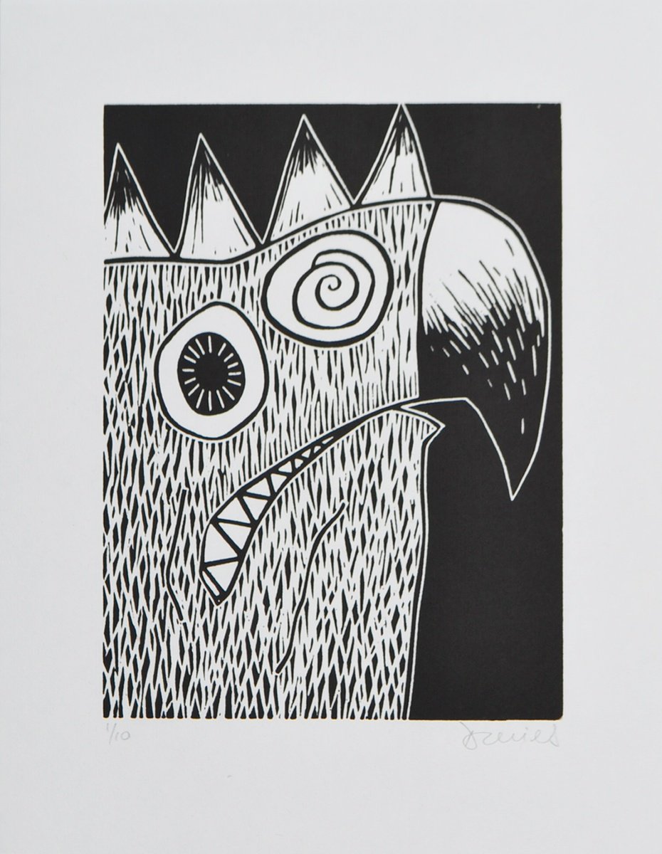 Graphic Animal Linocut By Julian Davies, 9 X 11", Teethgrinder, Original Artwork