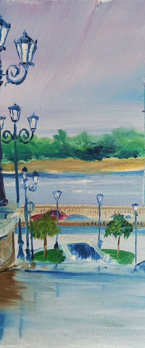 Summer rain in the city by the river. Plein air by Dmitry Fedorov