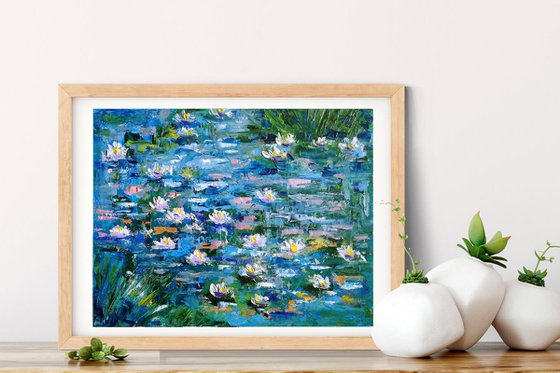 Water Lily Painting Original Art Monet Pond Landscape Artwork Impasto Floral Wall Art