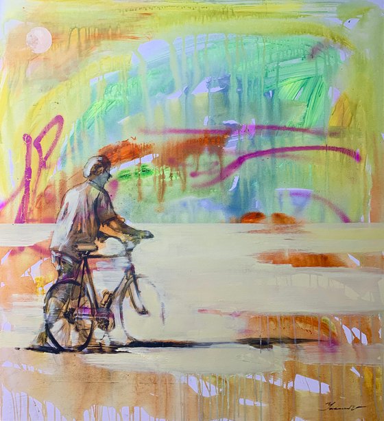 Big bright painting - "Bright day" - Pop Art - Street Art - Bike - Cyclist - Summer