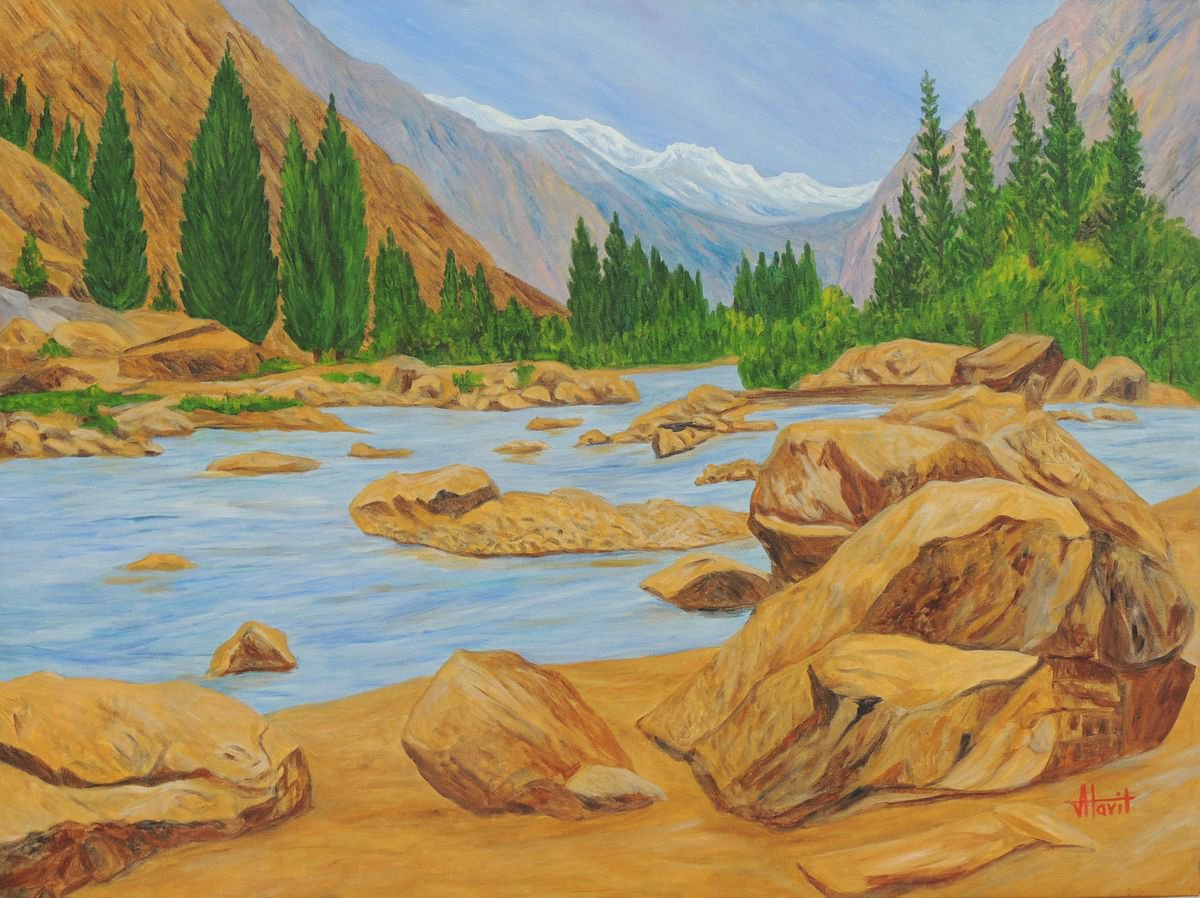 Photorealistic Landscape Oil Painting By Ajay Harit, 40 X 30, Alaknanda In Majestic Form, Original Artwork
