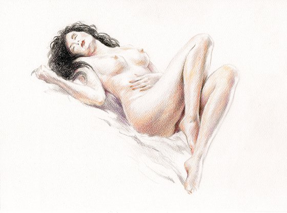 Sleeping Beauty, naked woman lying on the bed.