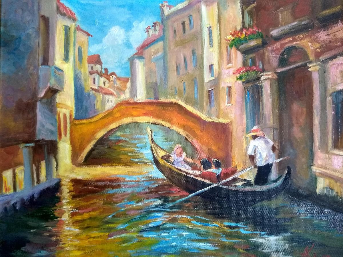 Impressionistic Cityscapes Oil Painting By Ann Krasikova, 19 X 15, Gondola In Venice, Original Artwork