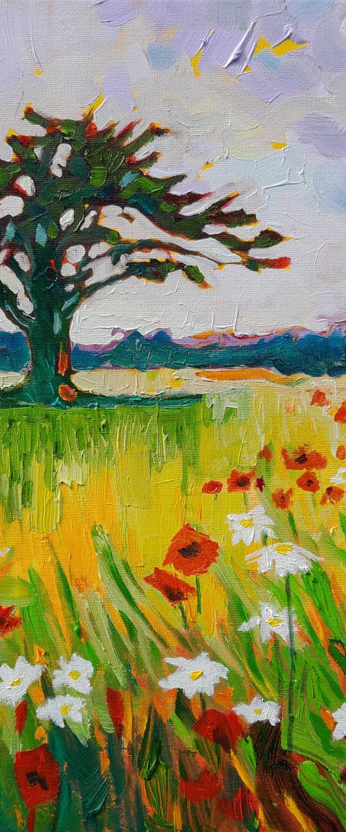 Poppies, Daisies, Tree by Mary Kemp