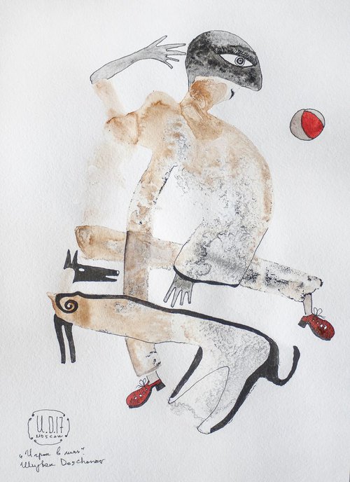 Ball Player. Watercolour, Ink on paper by Ulugbek Doschanov