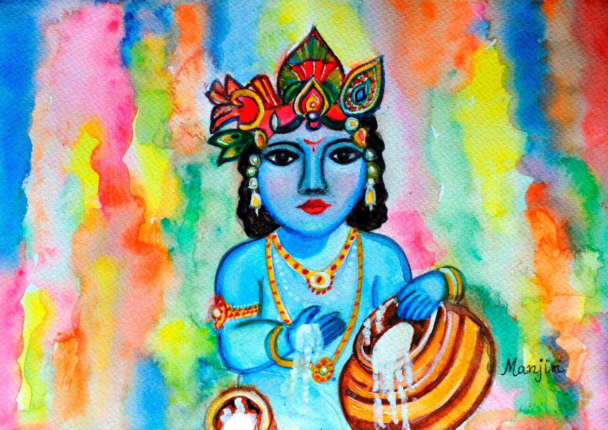 Natkhat Bal Krishna colorful watercolor on sale by Manjiri Kanvinde