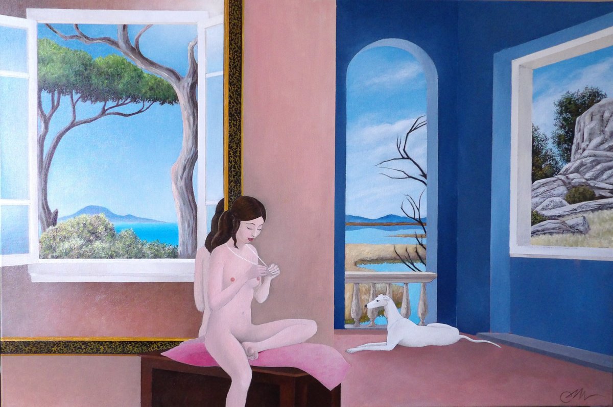 Surrealistic Landscape Oil Painting By Cecco Mariniello, 47 X 31, Wall Mirror, Original Artwork