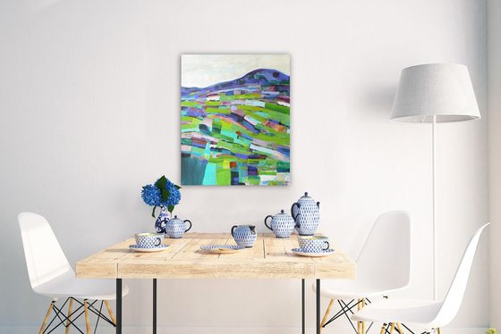 Abstract landscape - Green fields  (ready to hang semi abstract landscape on canvas)