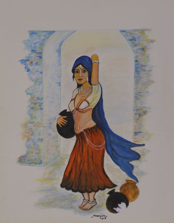 Village Belle exotic painting of an Indian women carrying a pot of water