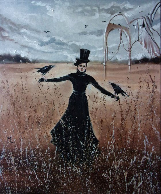 " HOUSE OF CROWS... "- flowers  liGHt  ORIGINAL OIL PAINTING, GIFT, SURREALISM