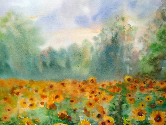 Sunflower field - Landscape - Watercolor