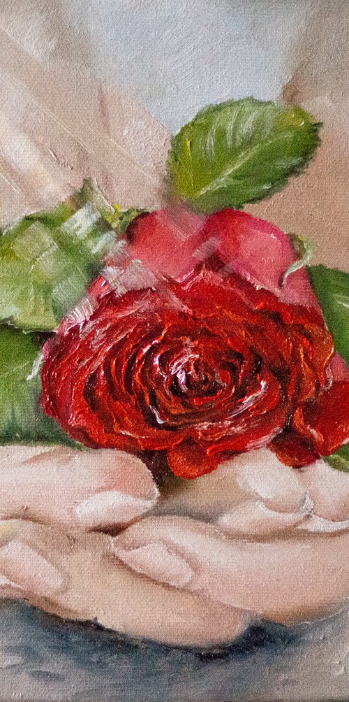 ''A gift for you''. Oil painting with rose. by Tetiana Tiplova