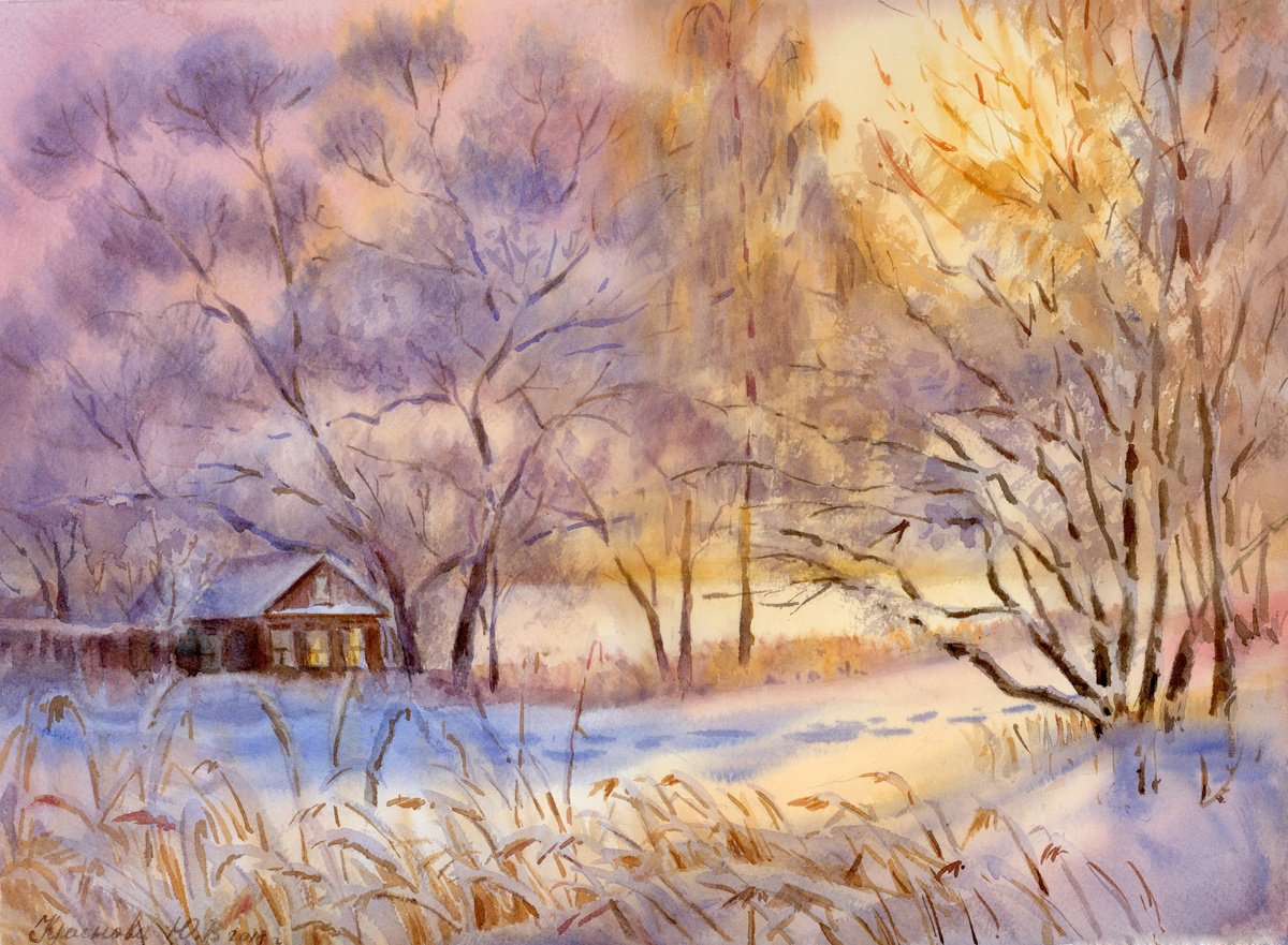 Impressionistic Landscape Watercolour By Yulia Krasnov, 16 X 12", Winter Sunset, Original Artwork