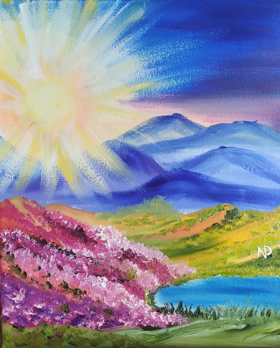 In the sunlight, original small landscape sky field mountains valley oil painting by Nataliia Plakhotnyk