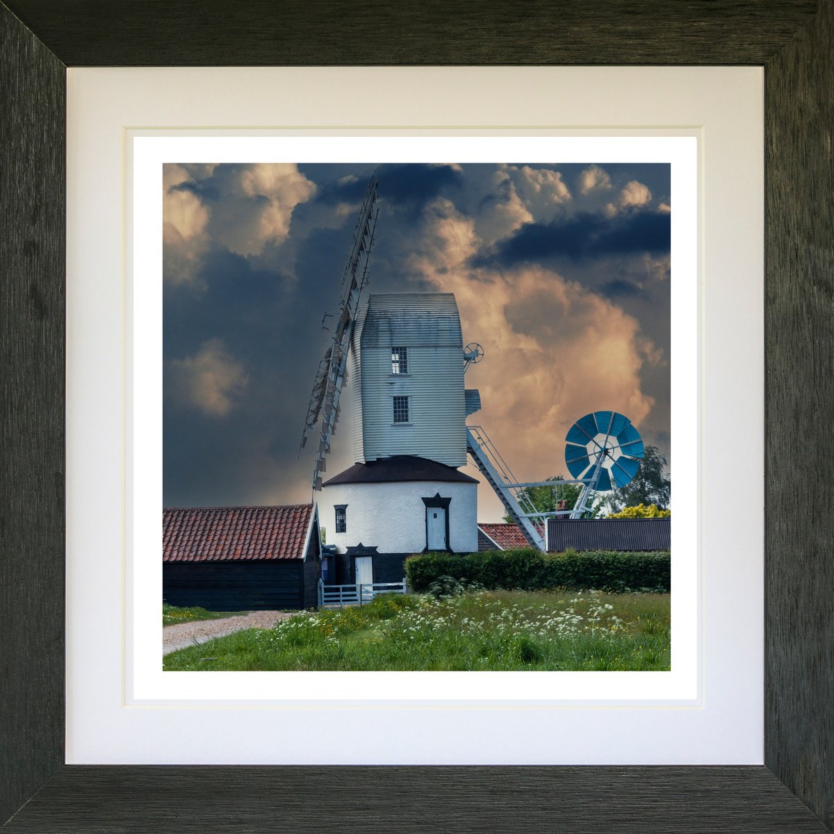 Photorealistic Landscape Photograph By Michael Mchugh, 19 X 19", Saxtead Windmill Colour Framed, Original Artwork