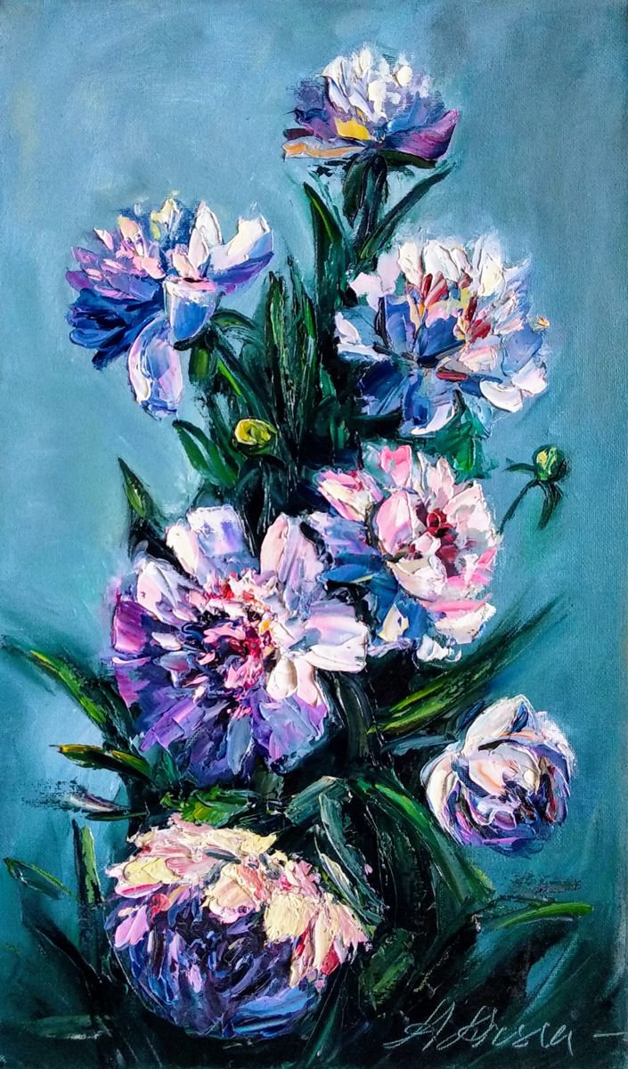 Bouquet of Flowers Peony Beautiful Brush Strokes Original Art Impressionistic Textured Pai... by Anastasia Art Line