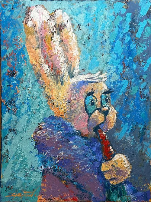 ORIGINAL painting 24"x18" Bunny's Dinner by Gabriella DeLamater