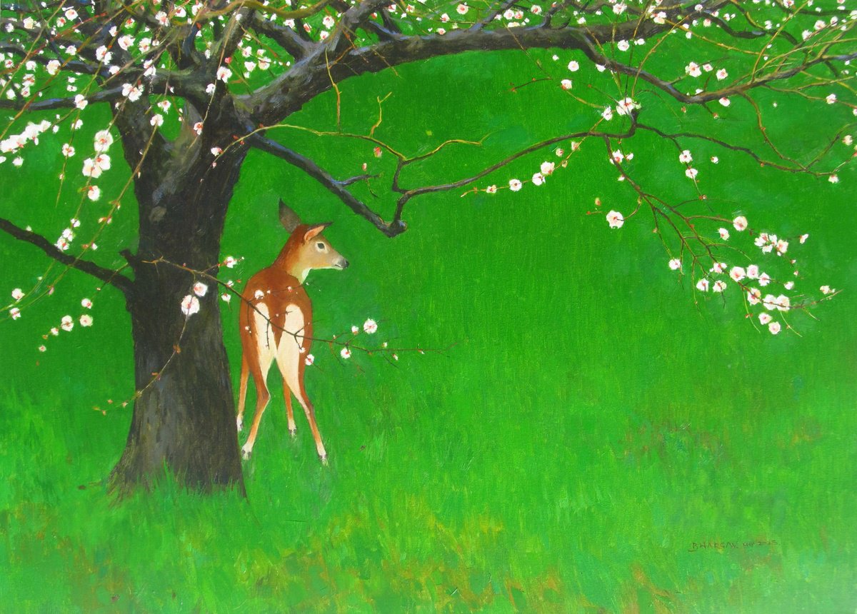 Impressionistic Animal Oil Painting By Bhargavkumar Kulkarni, 41 X 29, The Listening Meadow, Original Artwork