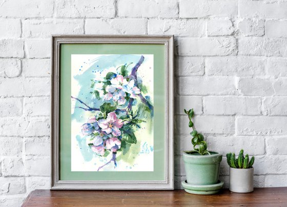 Original watercolor painting "Apple tree. Branch of a blossoming tree in the spring"