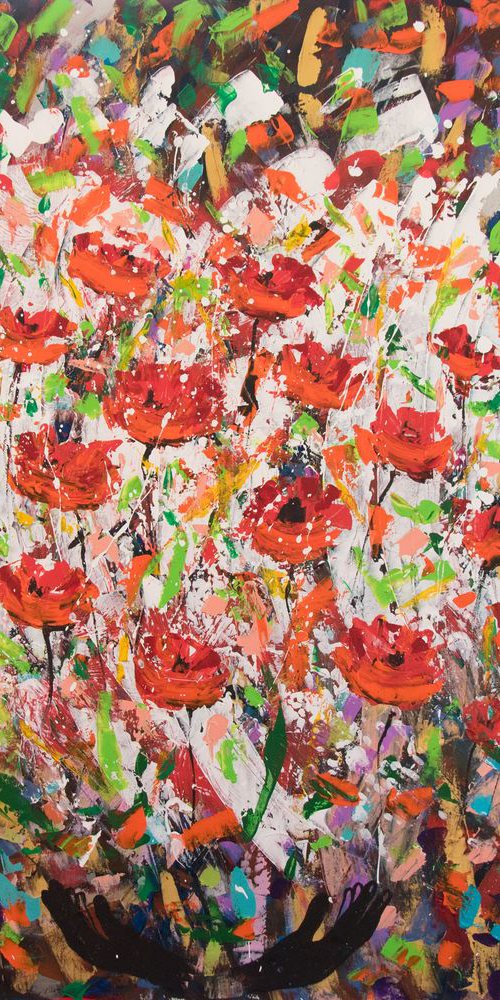 Poppies (Tell me about Grandad) 120 x 100 cm., Large, abstract painting on canvas, art wall by WanidaEm