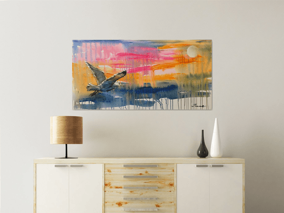 Bright horizontal painting - "Seagull in flight" - Pop Art - Bird - California - Miami - Sea - Ocean - Sunset