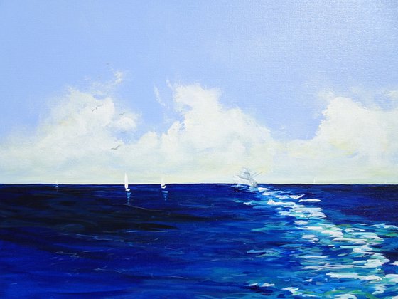 Sailing Boats Seascape Coastal Painting. Beach, Ocean, Sea Waves, Sky with Clouds. Coastal Decor Art.