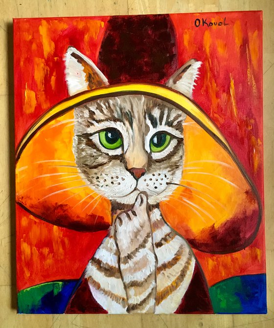 Cat - thinker at in a hat,  inspired by Amedeo Clemente Modigliani