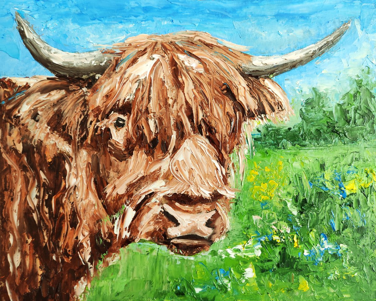 Highland Cow Painting Original Art Farm Animal Artwork Cow Wall Art by Yulia Berseneva