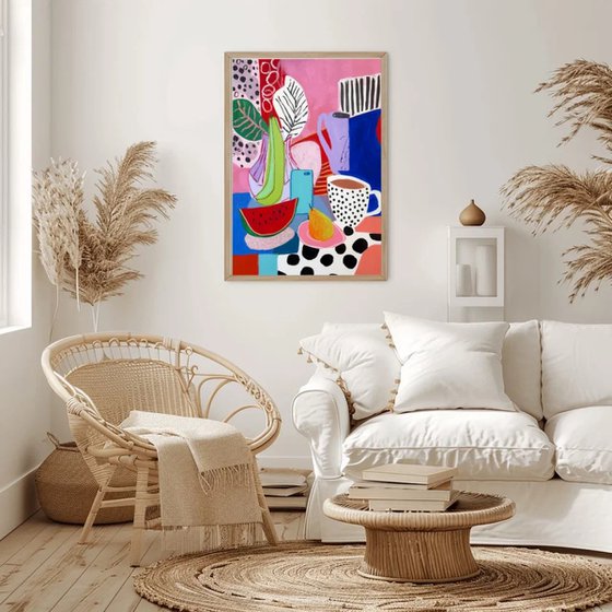 Colorful Still Life with Cups and Fruit