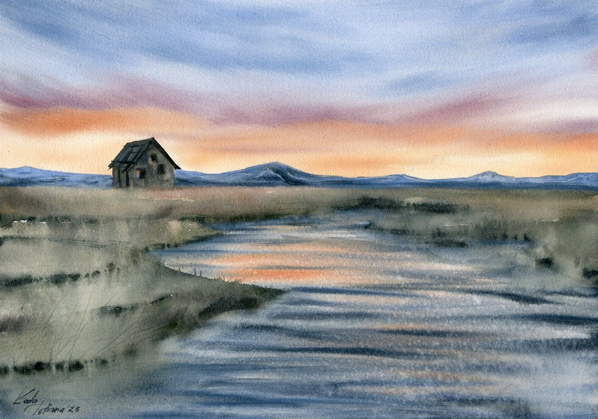 Impressionistic Landscape Watercolour By Tetiana Koda, 17 X 12", The Marshlands, Original Artwork
