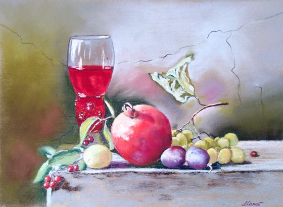 Pomegranate wine - a picture with pomegranate and grapes, a gift for a "pomegranate wedding"