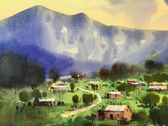 Ukrainian Carpathians. Mountains landscape original watercolor painting