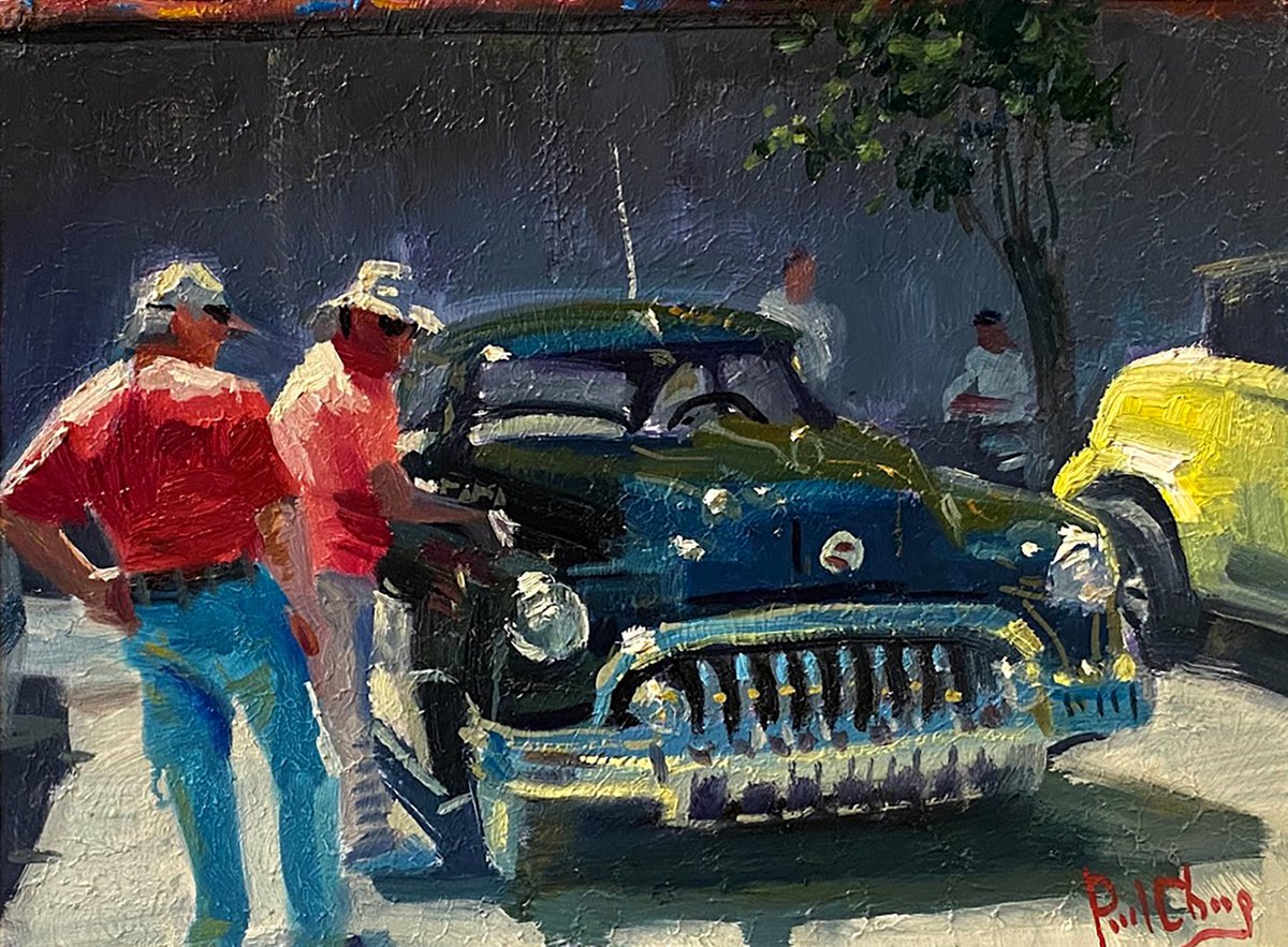 Impressionistic Landscape Oil Painting By Paul Cheng, 12 X 9", Classic Car Show, Original Artwork