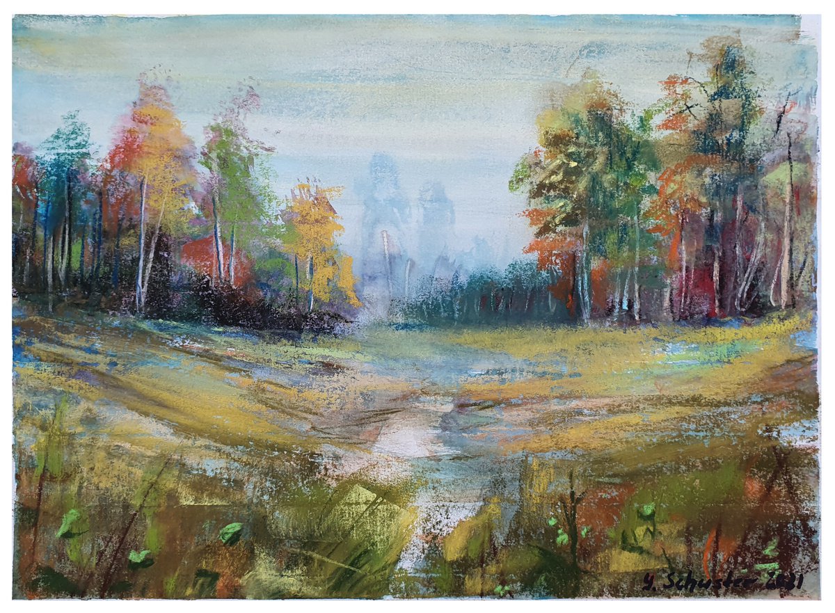 Impressionistic Landscape Pastel Drawing By Yulia Schuster, 13 X 9", Fall Touch, Original Artwork