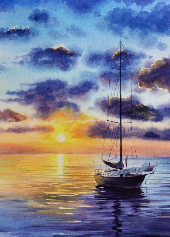 Sailboat - Yacht Art  - seascape - sea and sky - yacht -  sunset