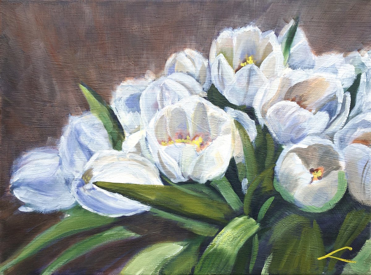 Impressionistic Botanical Oil Painting By Elena Sokolova, 16 X 12, White Tulips, Original Artwork