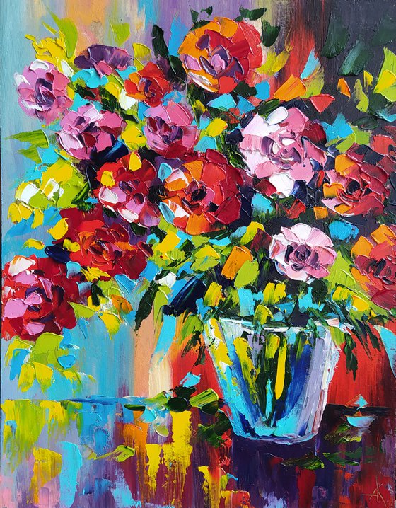 Bouquet for the beloved - flowers in vase, painting flowers, oil painting, flower, flowers painting original, oil painting floral,art, gift, home decor