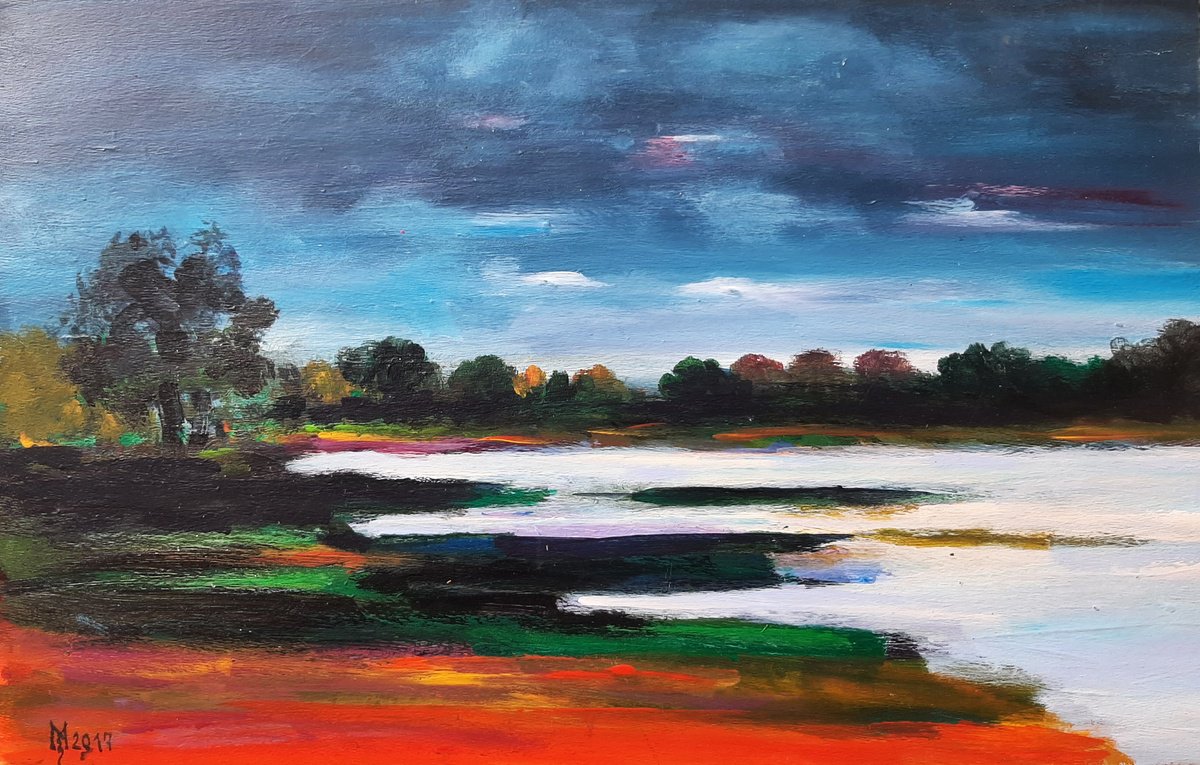 Impressionistic Landscape Acrylic Painting By Zoran Mihajlovic Muza, 16 X 10", Twilight, Original Artwork