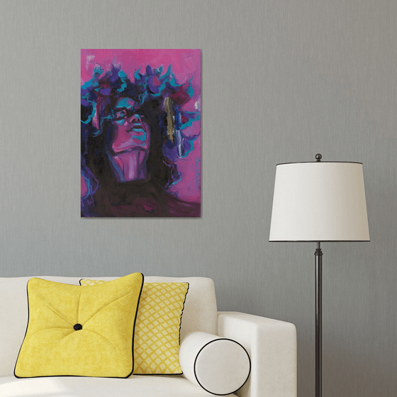 YOU ARE BLOOMING - African American wall art, black woman portrait, colorful contemporary original oil painting, purple pink canvas