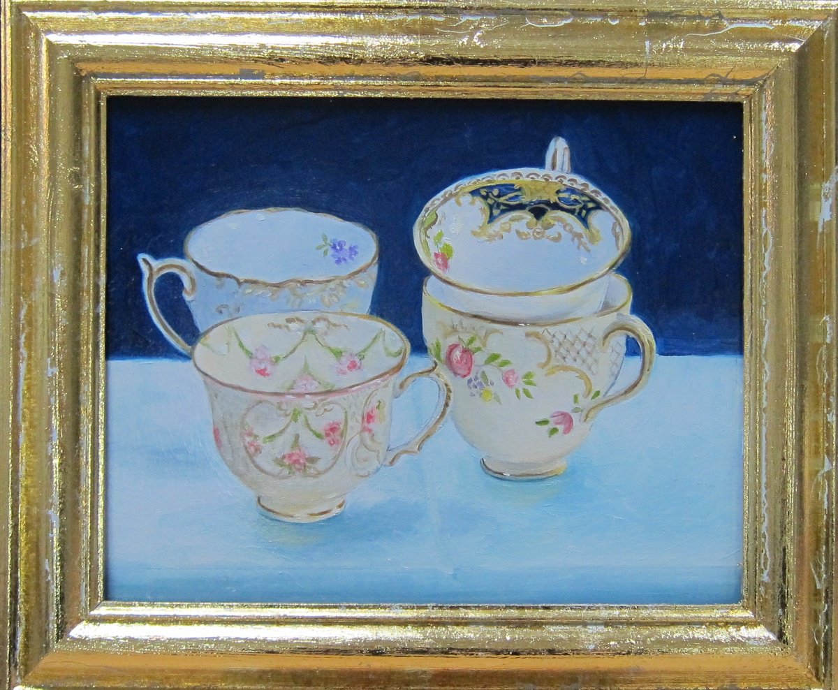 Illustrative Oil Painting , Tea Cups On Linen By Sophie Colmer-Stocker, 13 X 11, Artwork For Sale On Artfinder