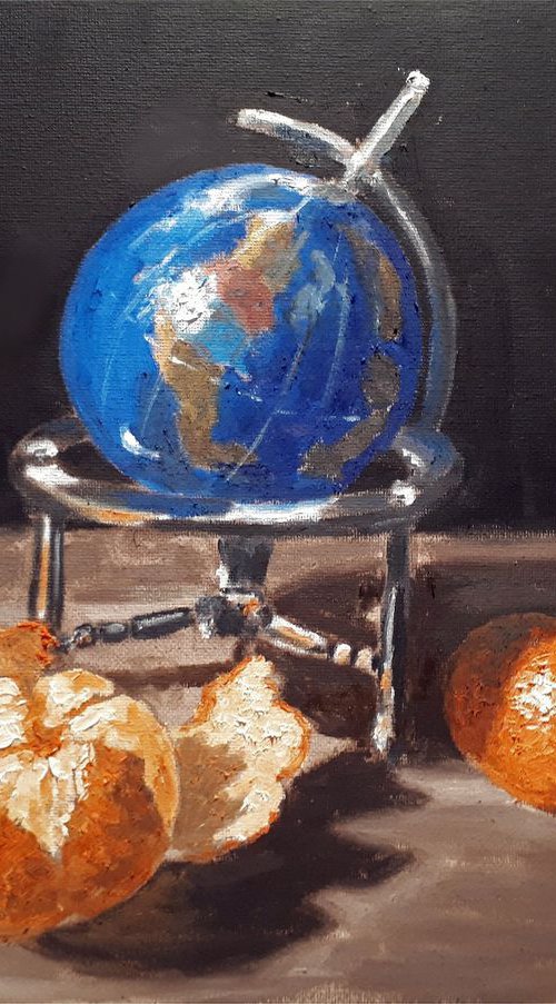 still life IX: two oranges and blue globe by Colin Ross Jack