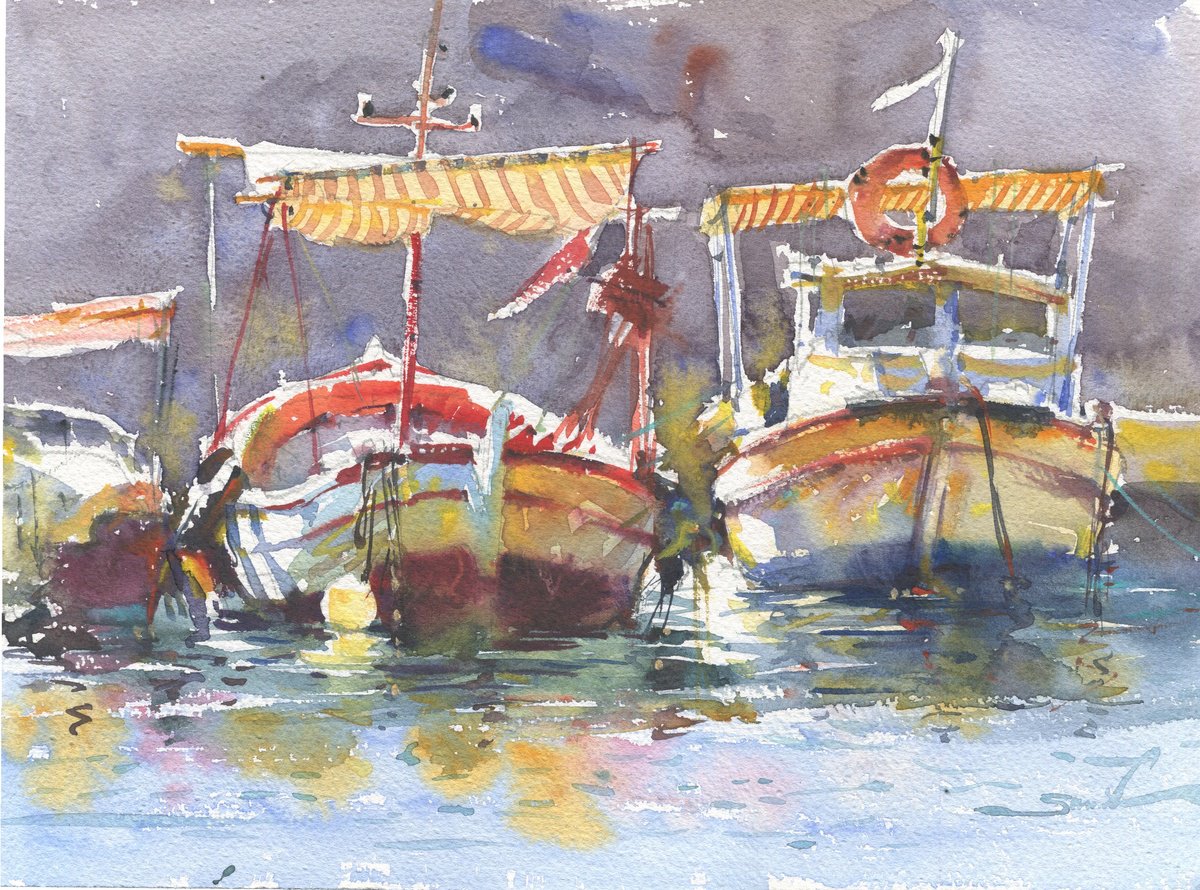 Graphic Landscape Watercolour By Samira Yanushkova, 14 X 10", Seascape Art-1722, Original Artwork