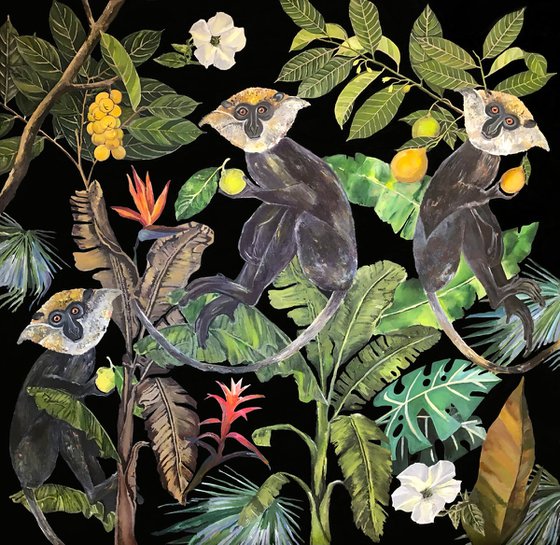 Jungle Heart Beat  - Black Monkeys - Art-Deco - Organic Floral, XL LARGE PAINTING