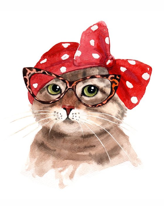 Lady Cat in Glasses - Retro Cat
