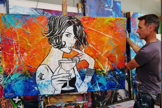 Orange Cocktails at Sunset 160cm x 100cm Orange Cocktail Girl Urban Pop Art