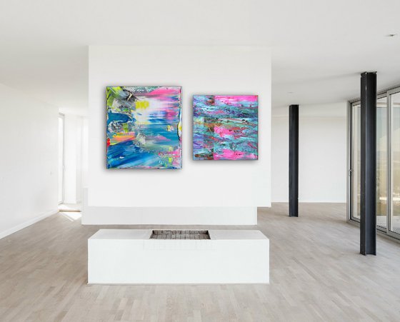 "I'm Rubber You're Glue" - Original PMS Abstract Acrylic Painting Diptych on Canvas and Wooden Panel - 44" x 27"