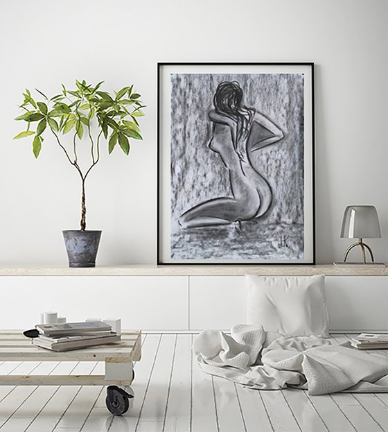 Nude Drawing Female Original Art Woman Nude Painting Black Monochrome Erotic Home Wall Art 13 by 18"  by Halyna Kirichenko