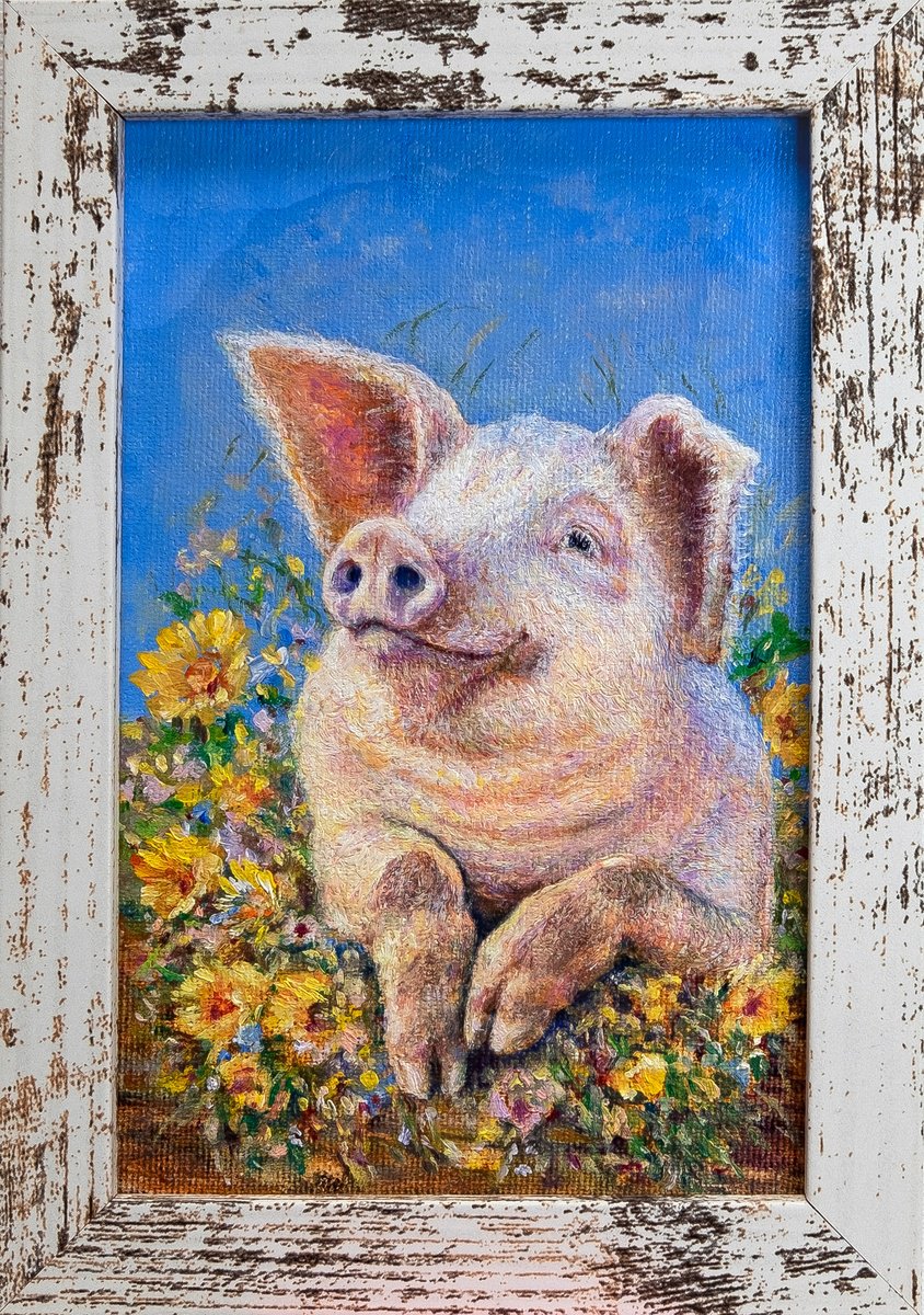 Impressionistic Animal Oil Painting By Anastasia Woron, 5 X 7, The Very Happy Pig., Original Artwork